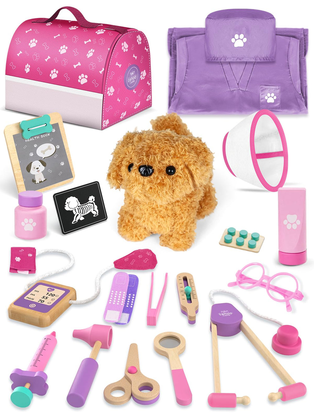 Lehoo Castle pink doctor kit contents for imaginative pretend play and organized storage.