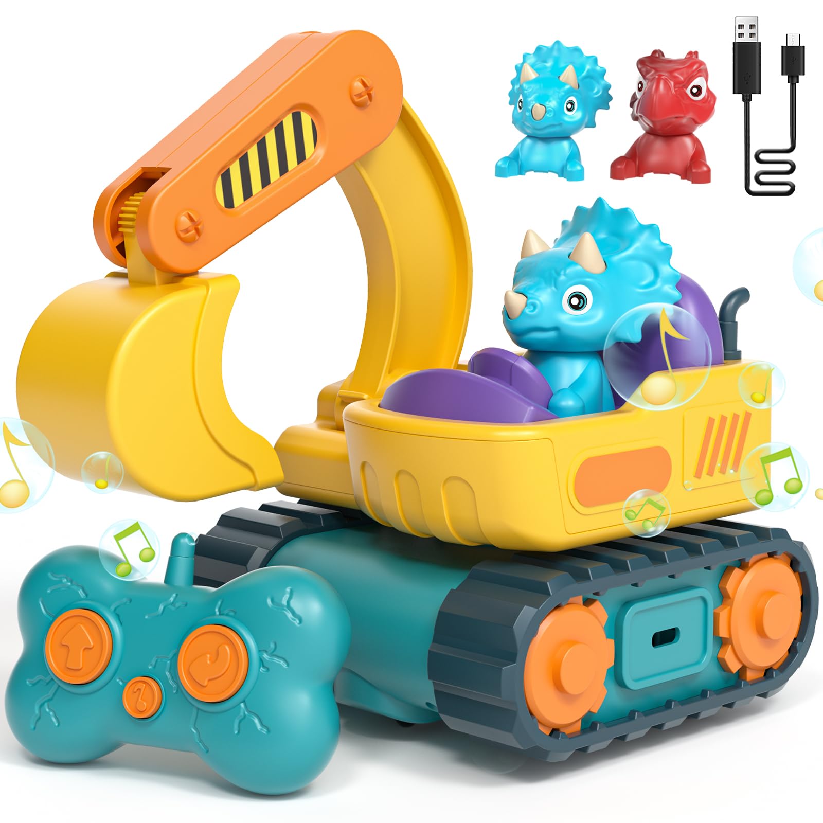 Lehoo Castle RC excavator and dinosaurs spark toddler imaginative play.