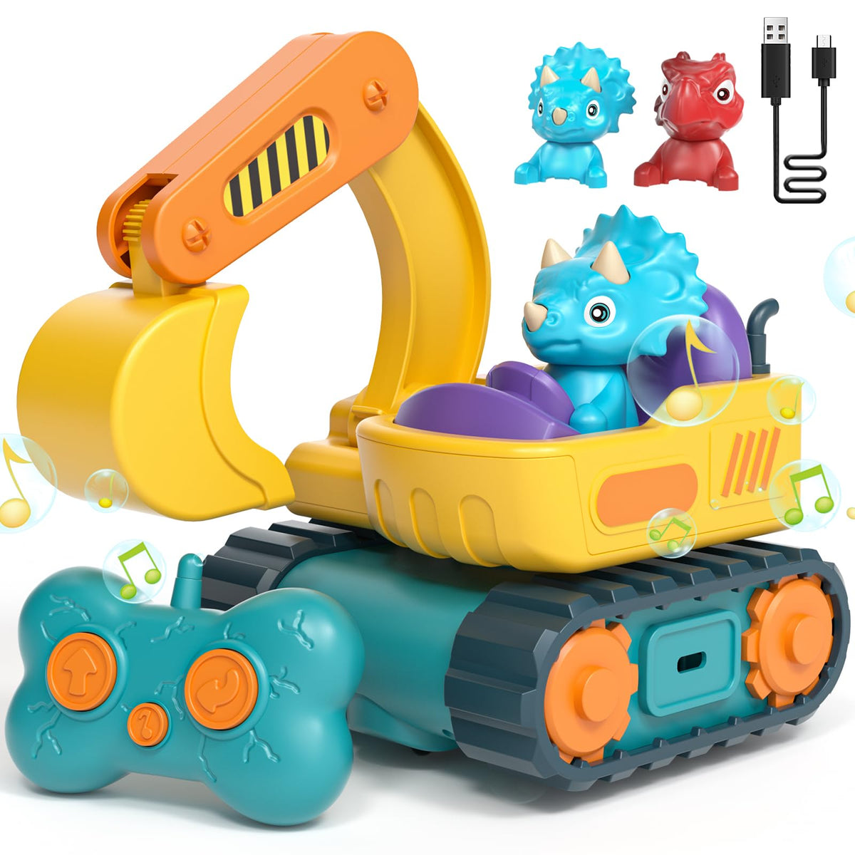 Lehoo Castle RC excavator and dinosaurs spark toddler imaginative play.