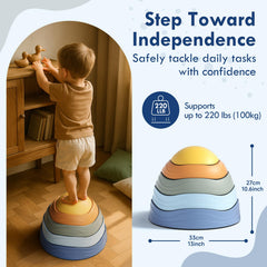 Kids and caregivers can build obstacle courses using Lehoo Castle balance stones.
