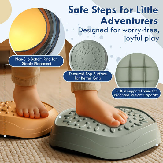 Lehoo Castle stepping stones feature a textured surface to improve grip during balance activities.