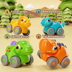 Lehoo Castle child enjoys table-top play with a dinosaur car set