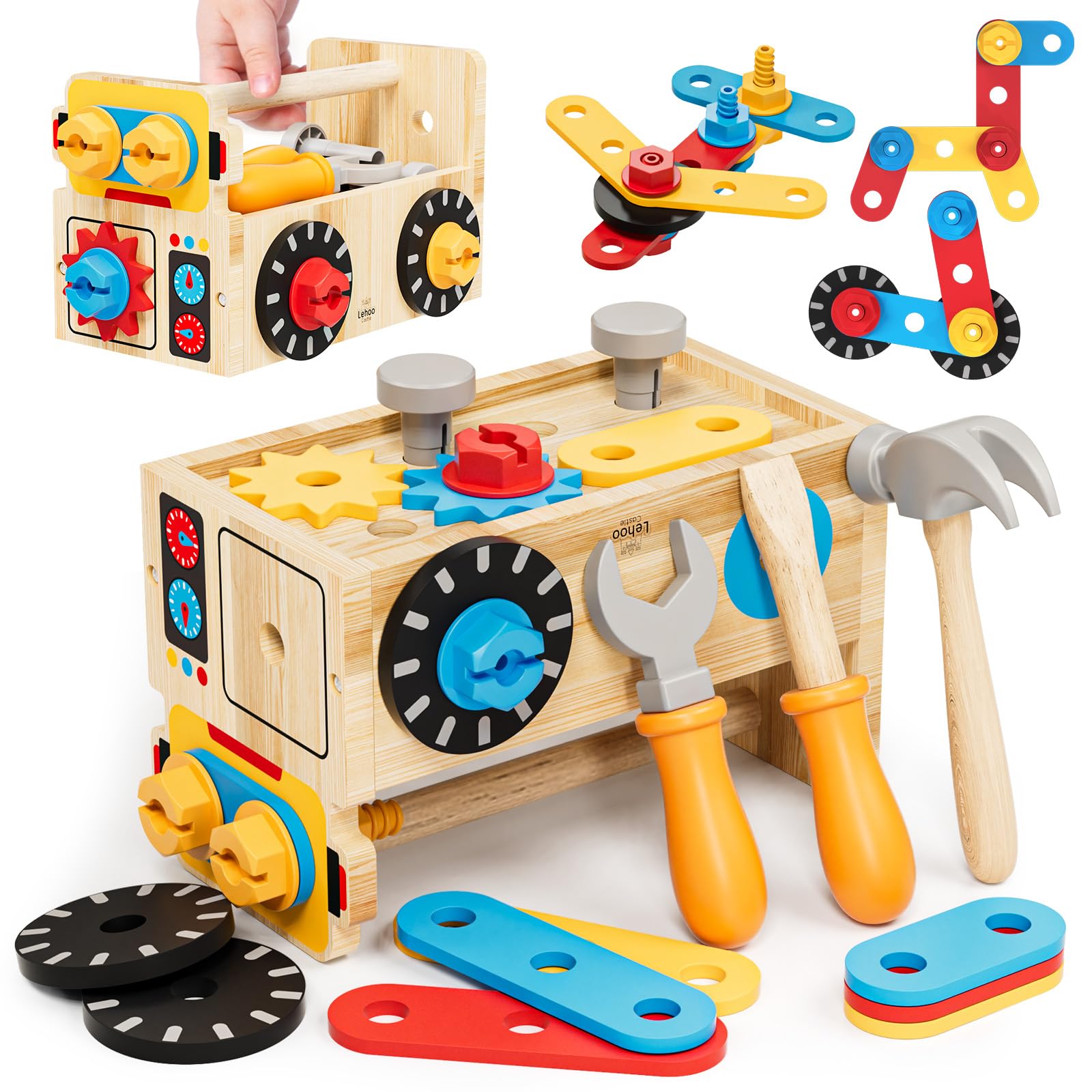 Lehoo Castle wooden tool box with handle showing portable storage for kids' tools