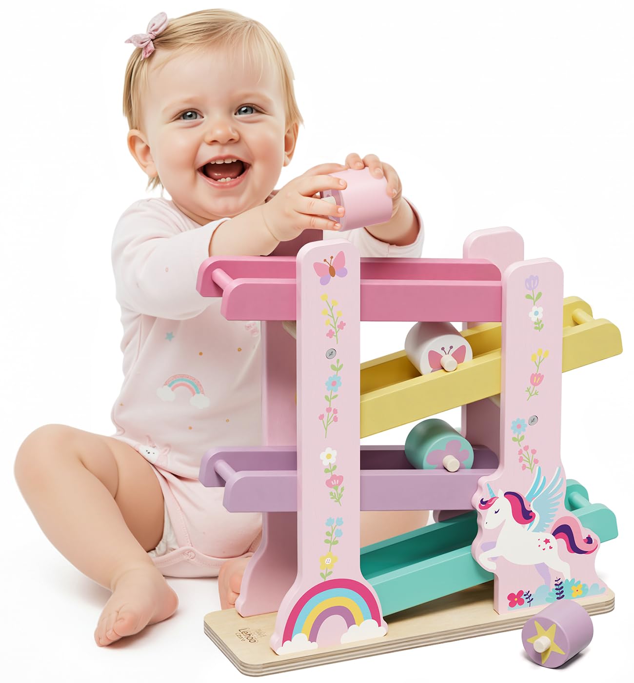 Lehoo Castle unicorn ramp toy with colorful wooden cars for imaginative play