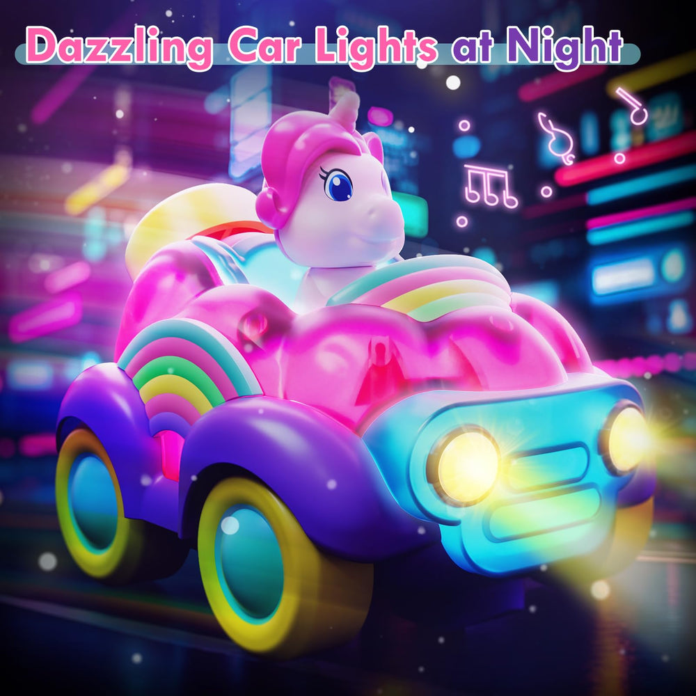 Lehoo Castle unicorn RC car with flashing headlights during playtime indoors and outdoors.