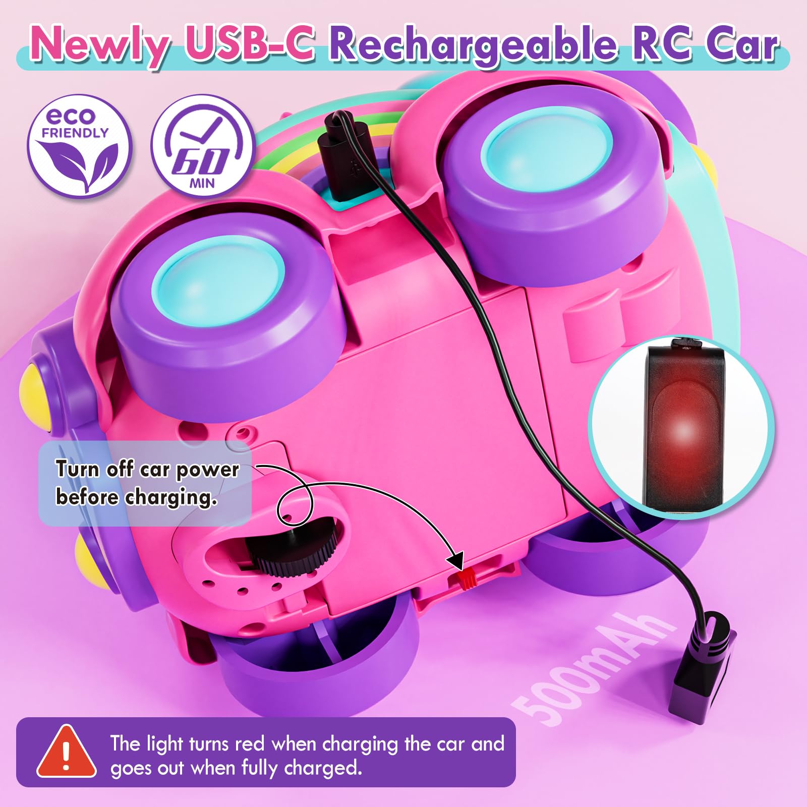 Lehoo Castle unicorn RC car remote control illustrating simple two-button interface.