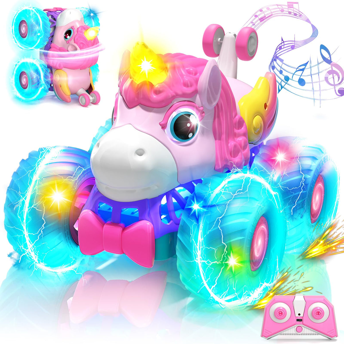 Lehoo Castle Unicorn RC car with rotating wheels and LED lights for dazzling night races.