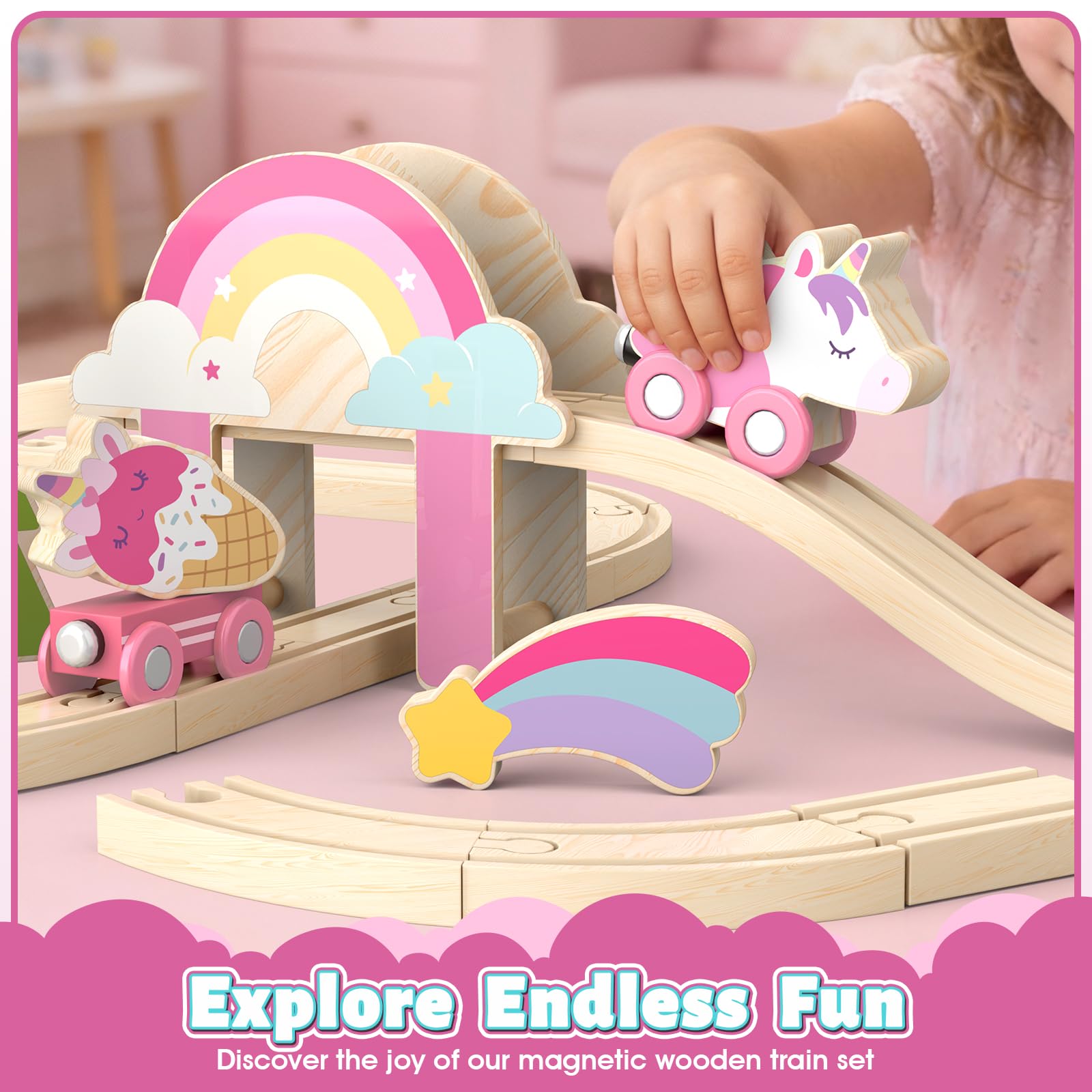 Lehoo Castle unicorn train carriages in pink for storytelling adventures