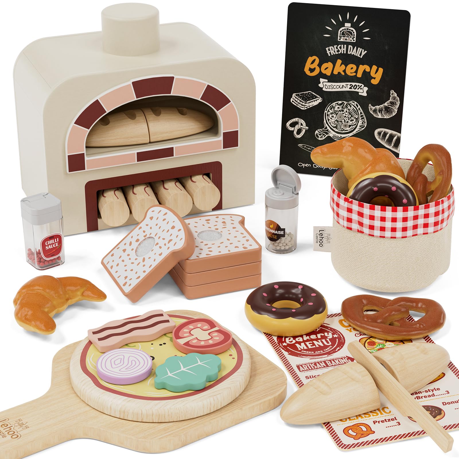 Lehoo Castle wooden pizza oven playset, sturdy design supports safe imaginative play.
