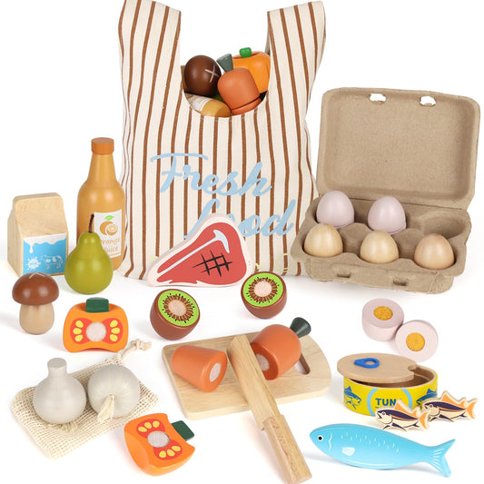 Lehoo Castle wooden play food set collection with varied items for imaginative play
