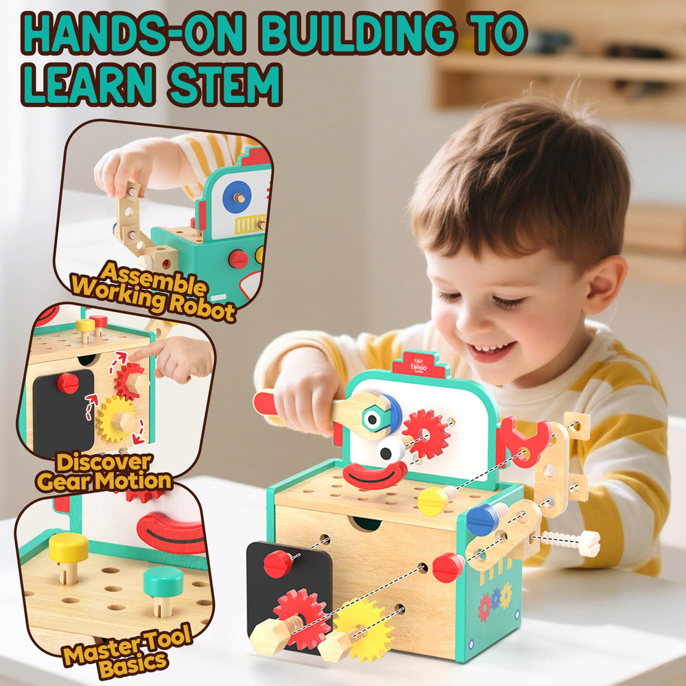 Lehoo Castle wooden robot models showing moving parts to inspire STEM curiosity.