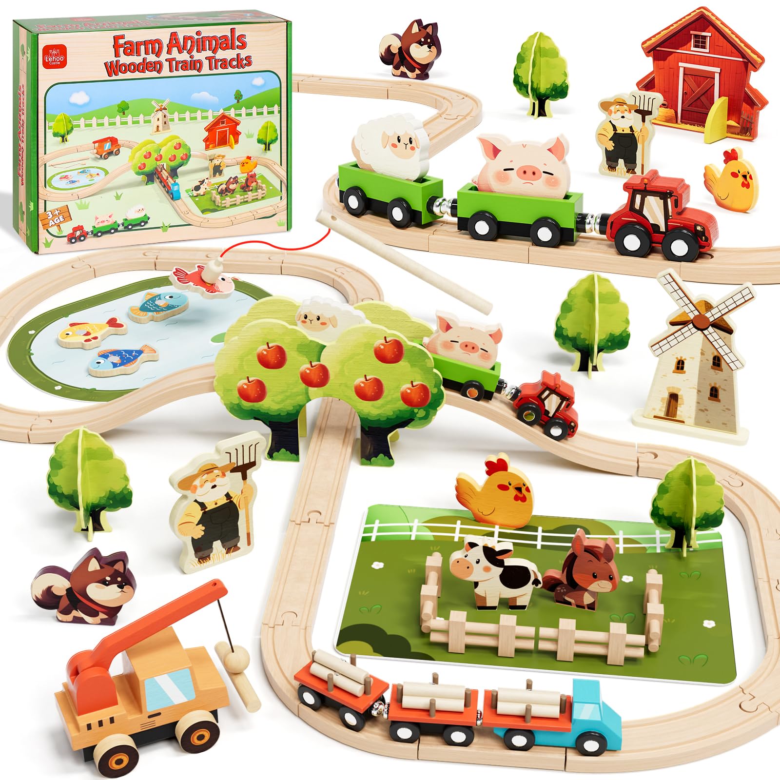 Lehoo Castle wooden train set with toddler-friendly track for imaginative play.