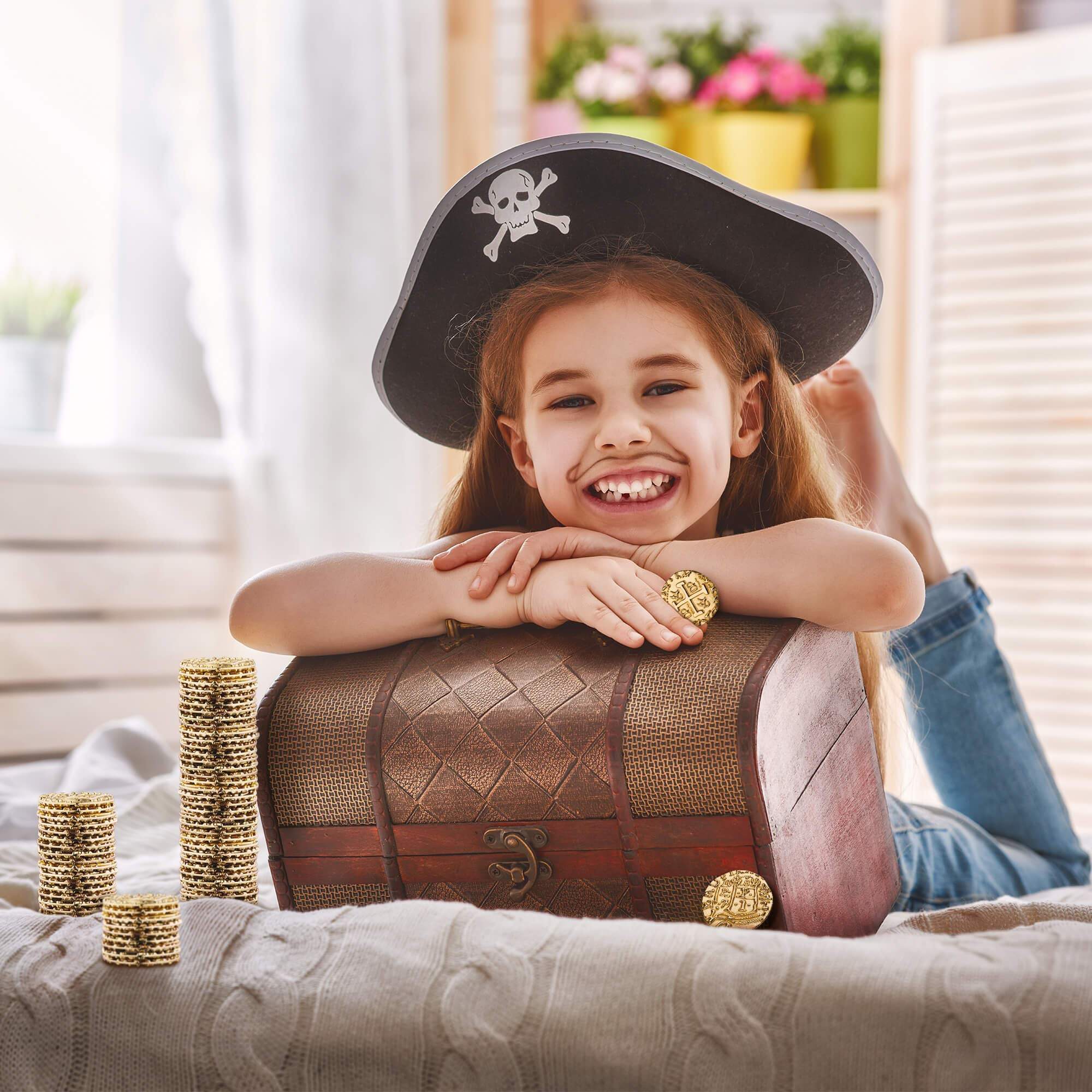 Leib Games metal pirate coins in treasure chest evoke authentic voyage atmosphere and treasure hunt decor
