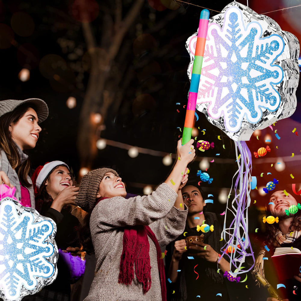 Leitee blue snowflake pinata enhances winter party atmosphere and decor.