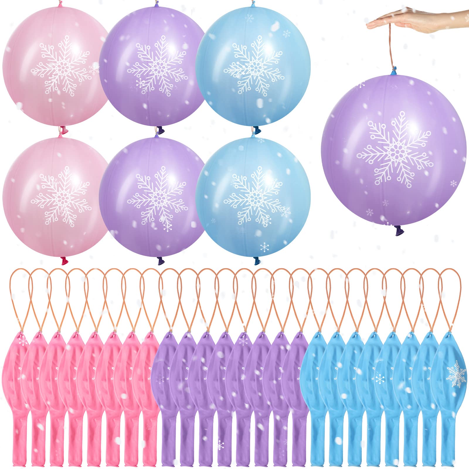 Leitee snowflake punch balloons pink, side view, durable latex for indoor and outdoor play.