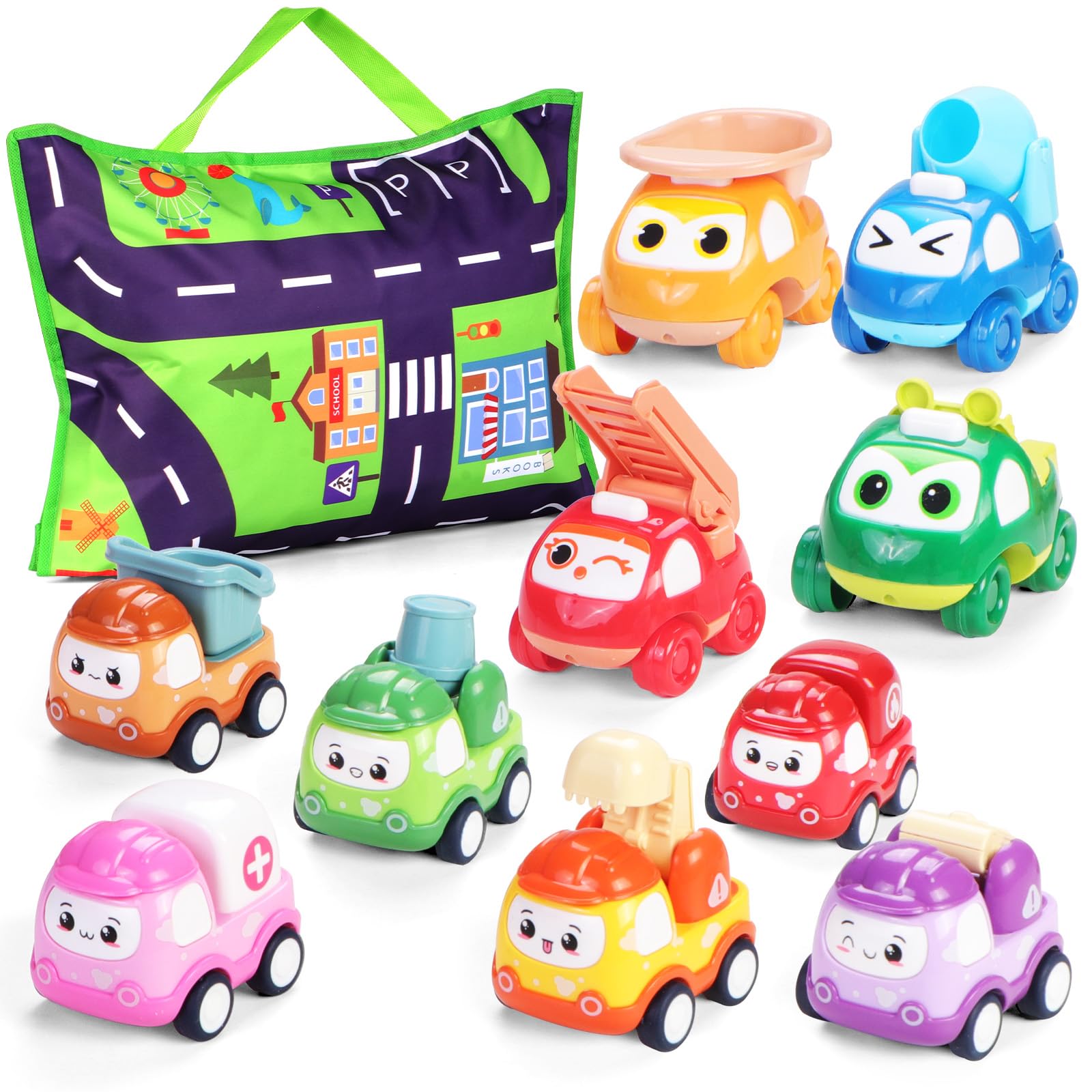 Lemofix toy cars 10-pack with playmat, ideal for home play and travel-friendly fun