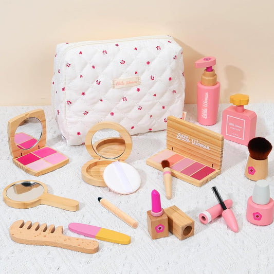 Lemofix wooden makeup kit in a bag for toddler imaginative play.