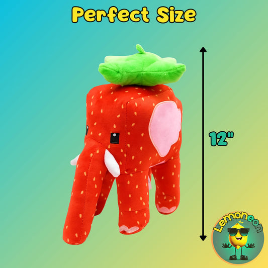 Close-up of the Lemoneon Strawberry Elephant plush showing soft fabric and detailed stitching.