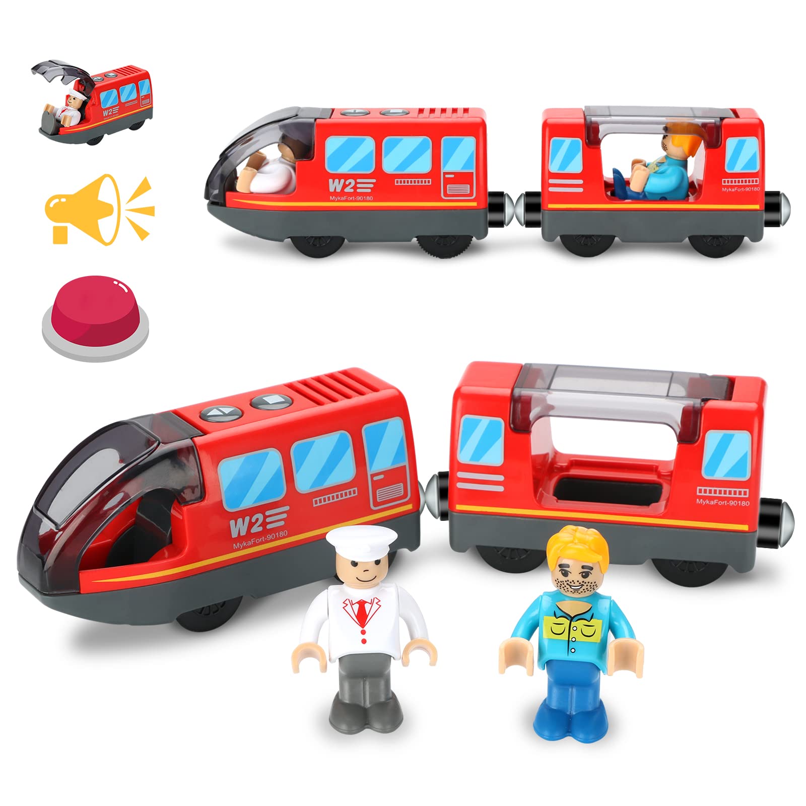 Lemonkids battery-operated train locomotive gliding on wooden tracks for imaginative play