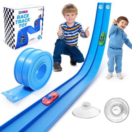 Lemostaar 15ft flex track roll-up in action for instant, portable racing fun on smooth surfaces.