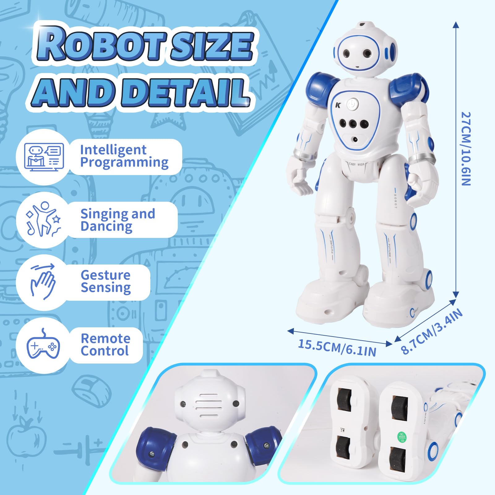 LENGTOUQ robot lights blue LED eyes while singing and dancing.
