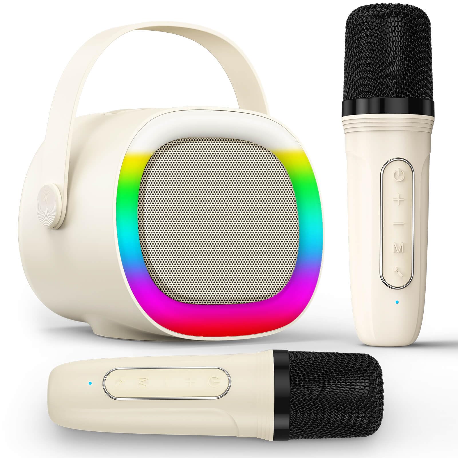 LENRUE karaoke machine with 2 mics beige for shared singing fun