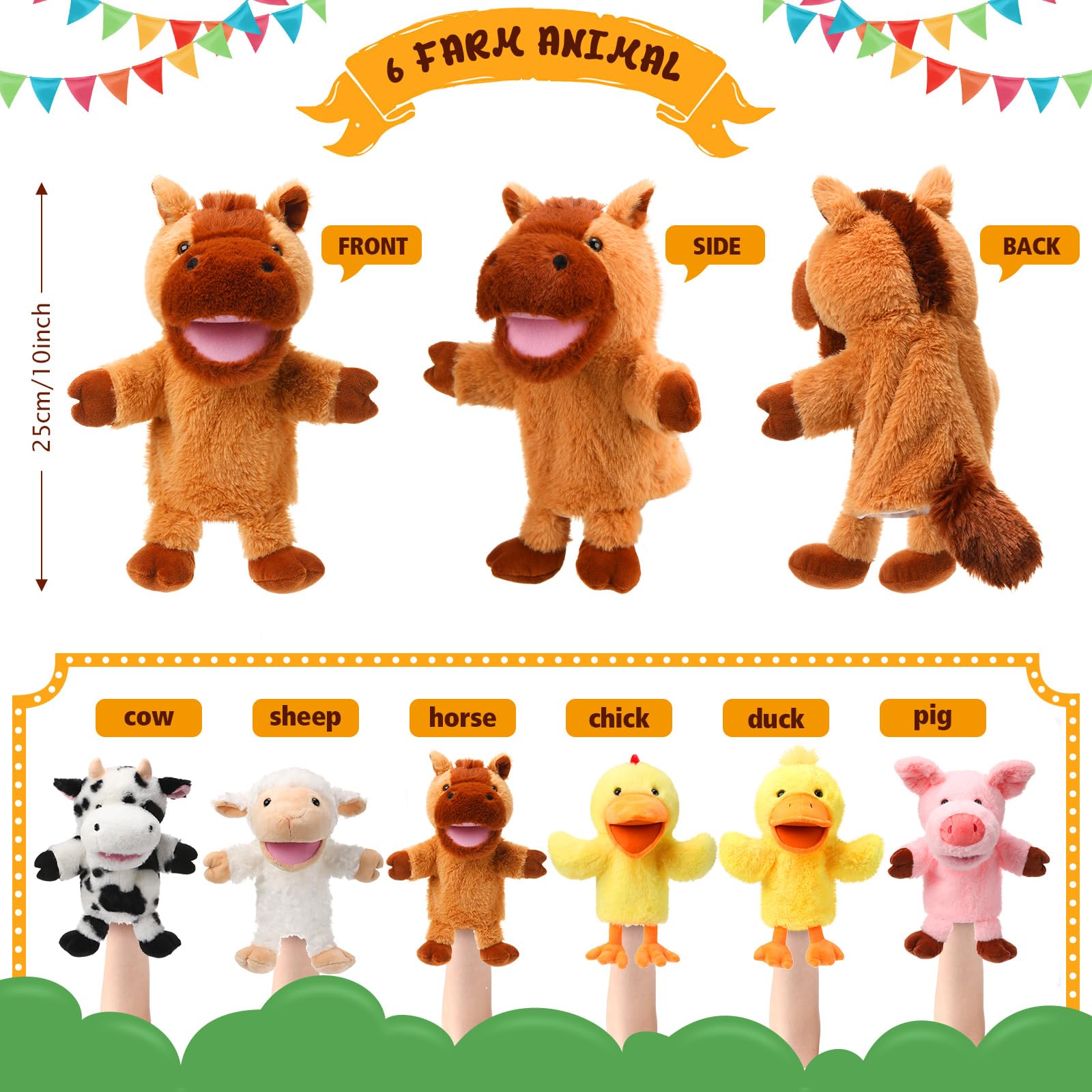 Lenwen sheep hand puppet with open mouth sparks playful farm stories.