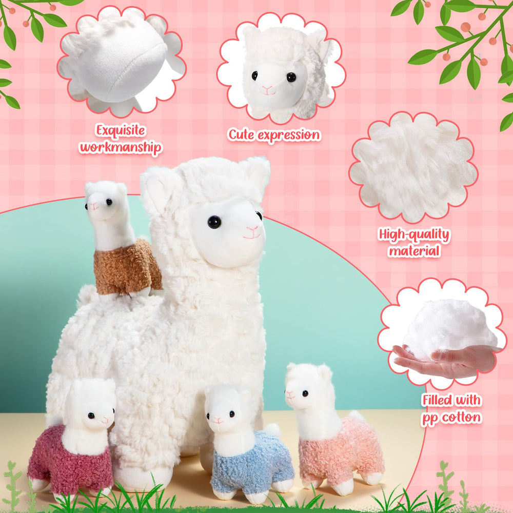 Lenwen baby llama plush four-pack detail, vivid colors for storytelling.