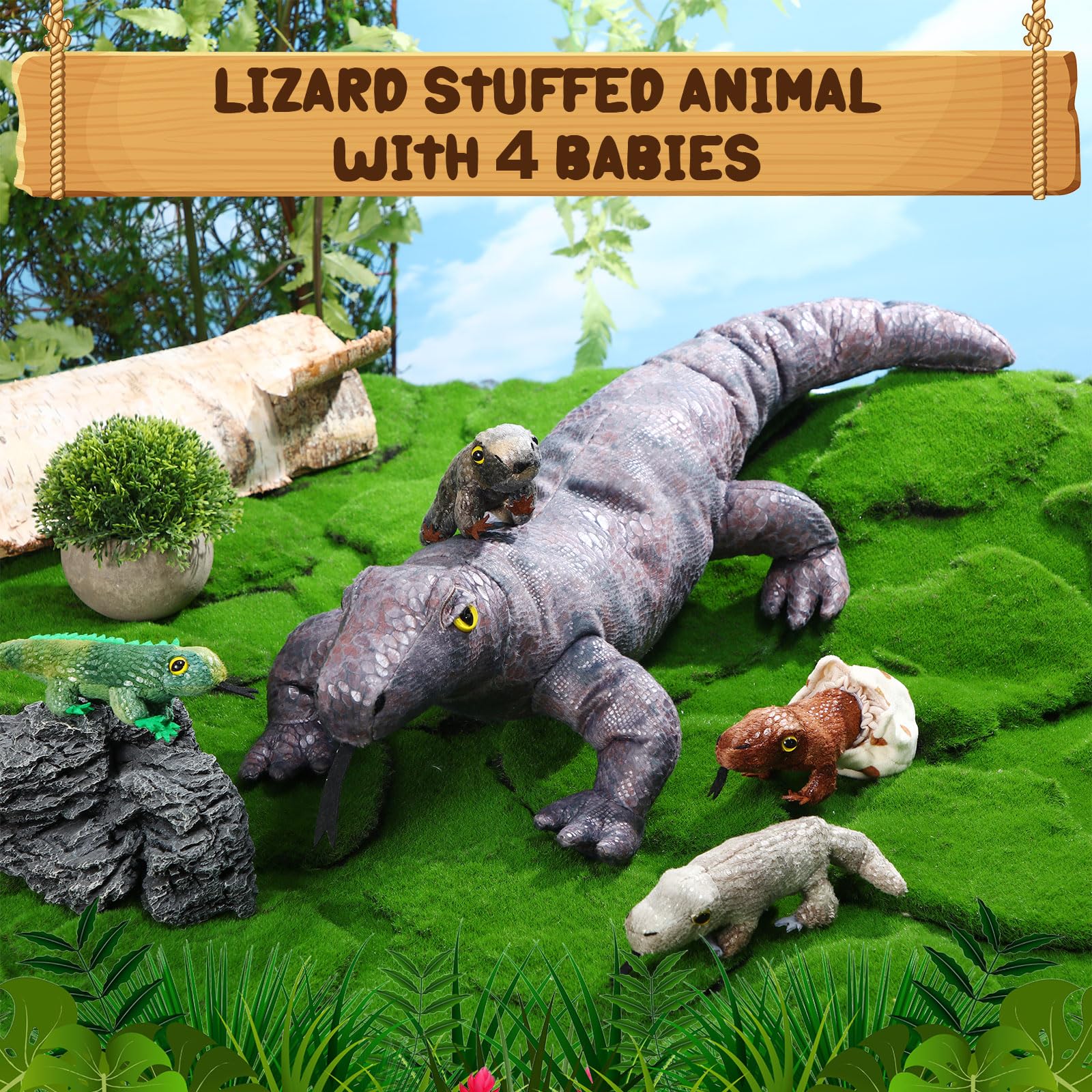 Lenwen Komodo Dragon baby lizard plush gray, versatile decor and learning aid for wild animal themes.