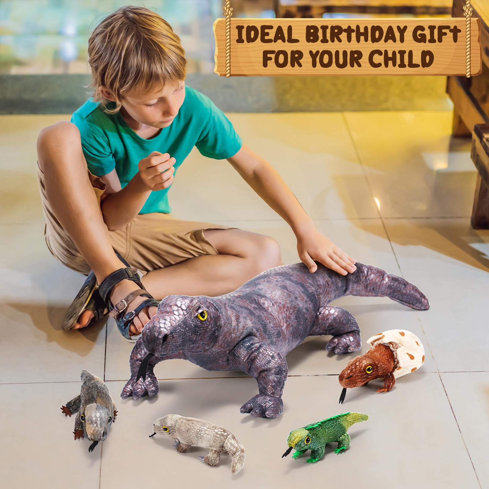 Lenwen Komodo Dragon plush set packaging image, ready for gifting and display in rooms.