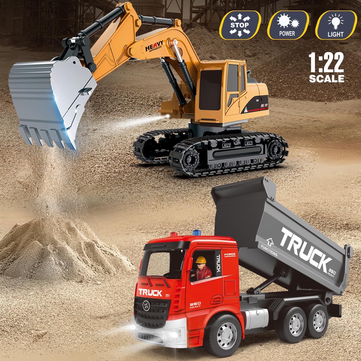 Leopmase RC dump truck with lights for engaging sounds during pretend hauls.