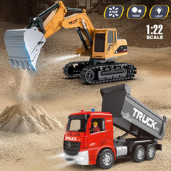 Leopmase RC dump truck with lights for engaging sounds during pretend hauls.