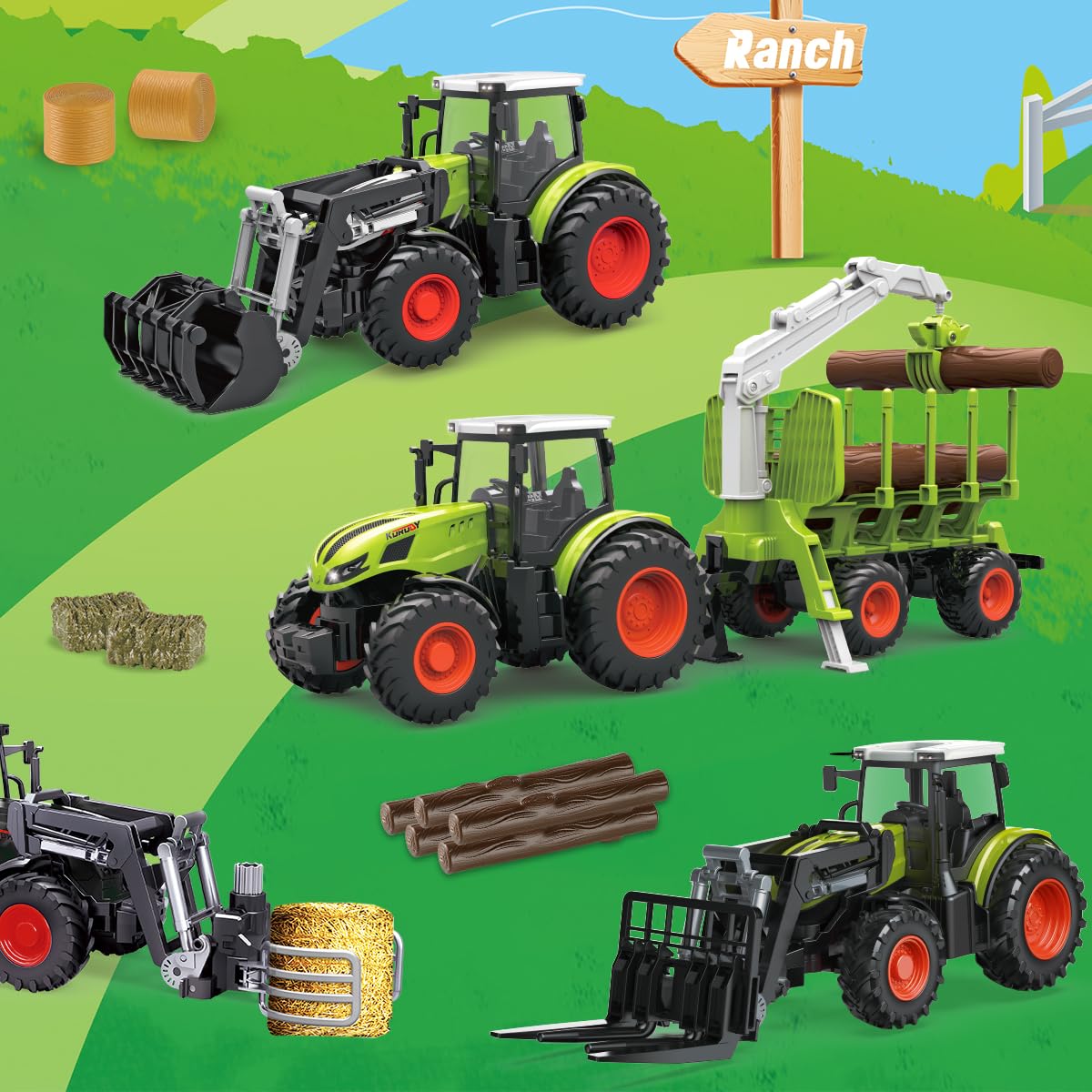 Leopmase RC tractor trailer with wood-delivery focus emphasizes versatile farm transportation play.