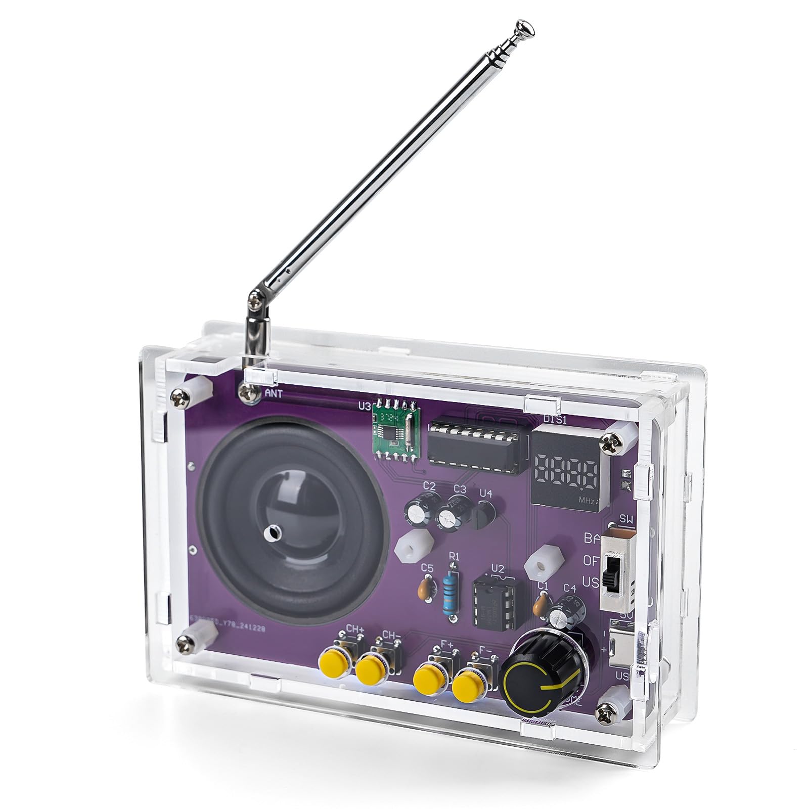 LEPANDA radio assembly close-up in an acrylic case for hands-on electronics practice.