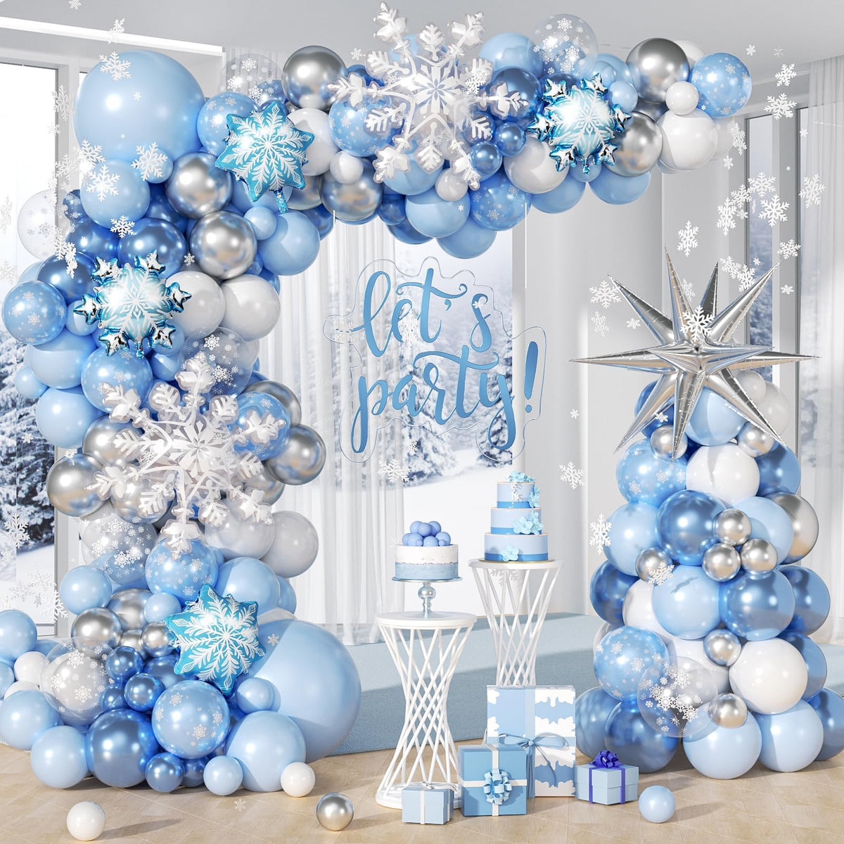 Leraqertra Snowflake Balloon Arch Kit blue balloons create a dreamy winter party backdrop.