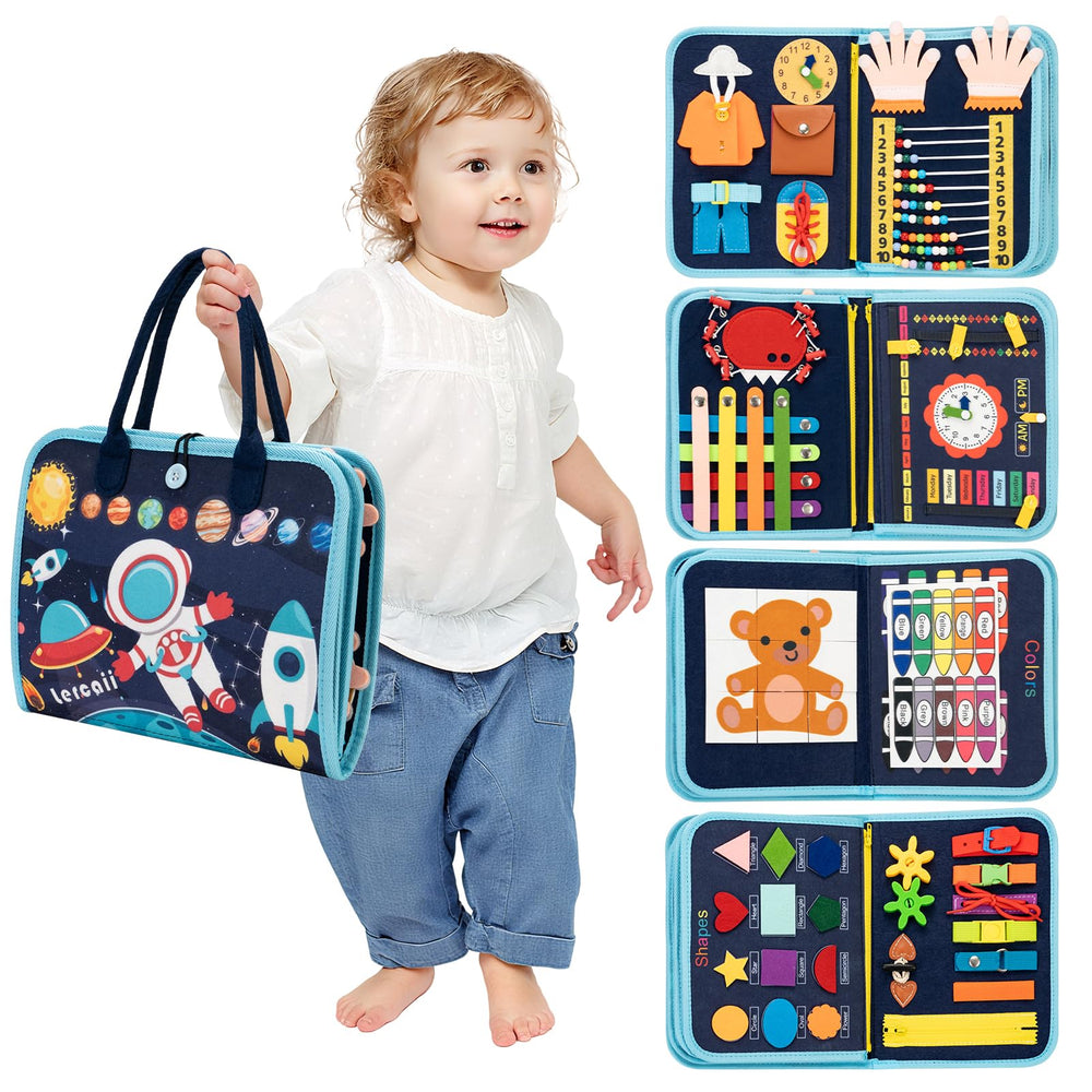 Lercaii Toddler Busy Board Book with 8 pages of interactive activities for fine motor skills.