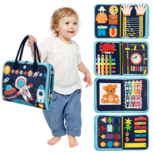 Lercaii Toddler Busy Board Book with 8 pages of interactive activities for fine motor skills.