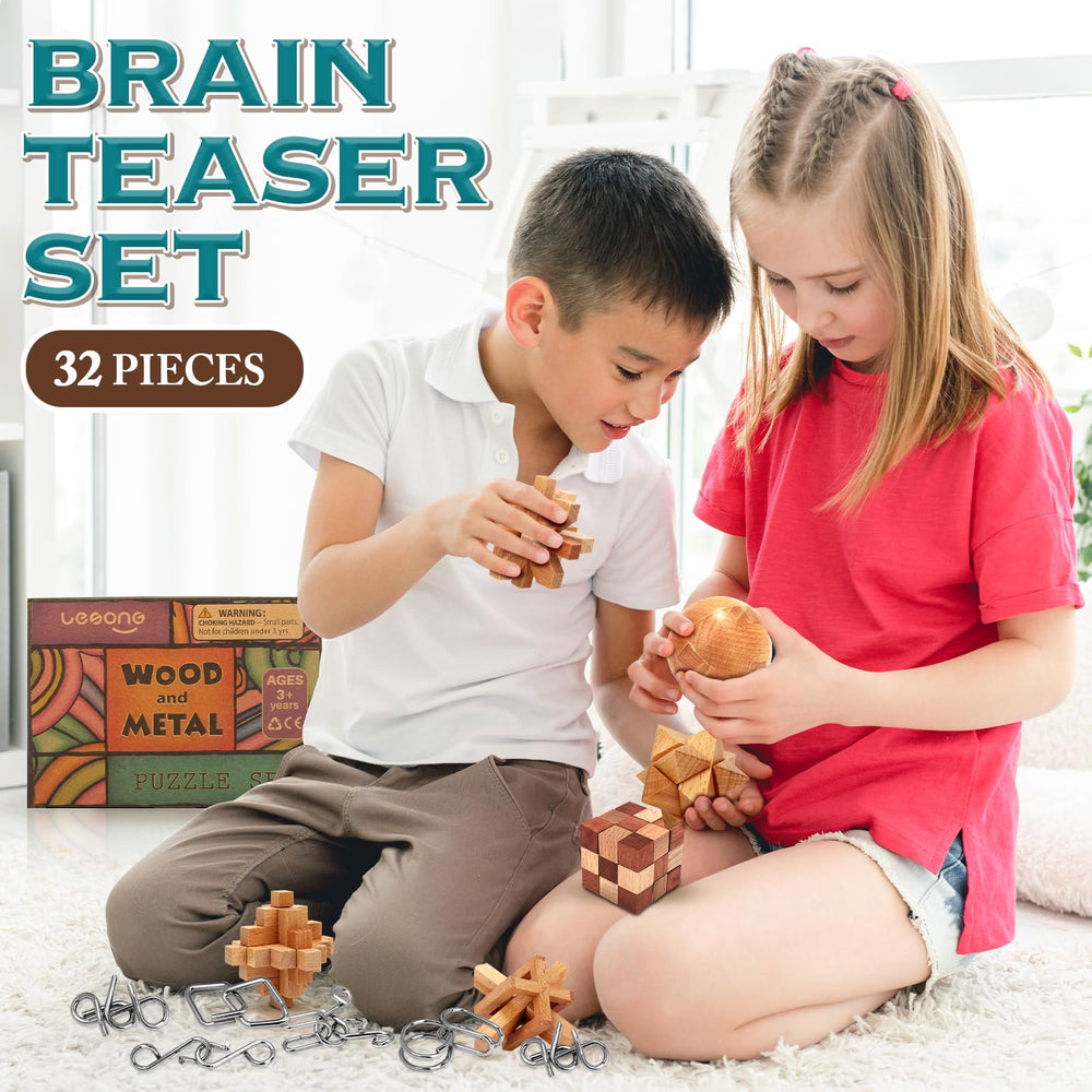 Lesong brain teaser wooden block puzzle with metal links for group play