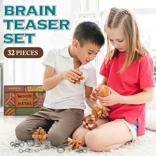 Lesong brain teaser wooden block puzzle with metal links for group play