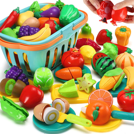 LESUTER TOYS shopping basket with colorful fruits for imaginative shopping play and tidy storage