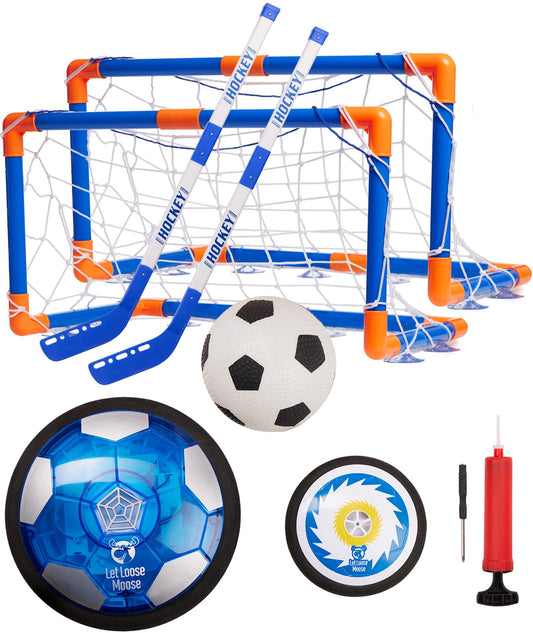 Let Loose Moose hockey hover ball set front view, ideal for indoor play and family fun.