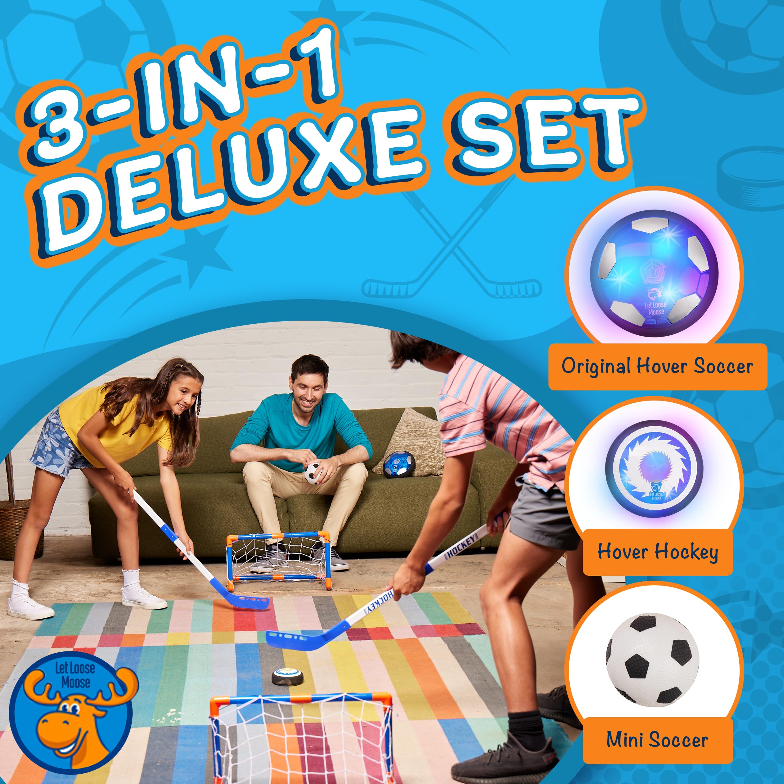 Let Loose Moose hockey hover ball set with puck and goal for quick start action.