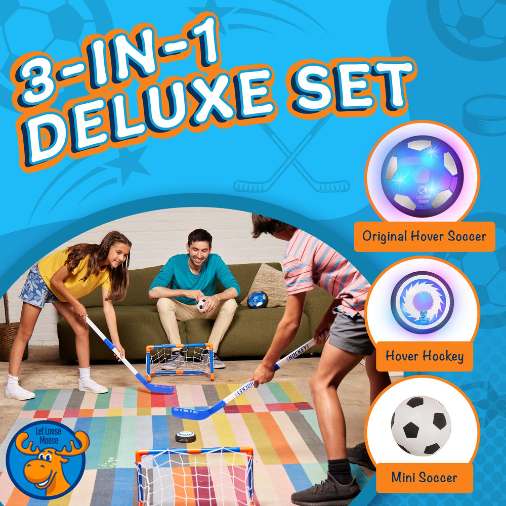 Let Loose Moose hockey hover ball set with puck and goal for quick start action.