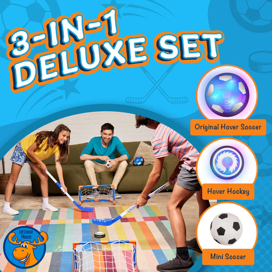 Let Loose Moose hockey hover ball set with puck and goal for quick start action.