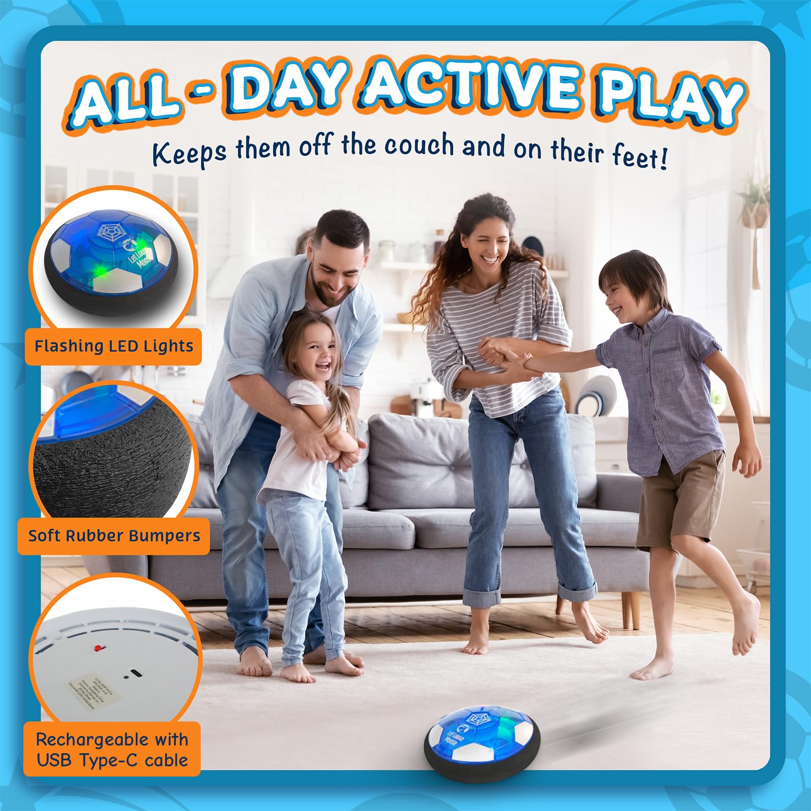 Let Loose Moose hover ball displays bright LED lights for exciting night play.