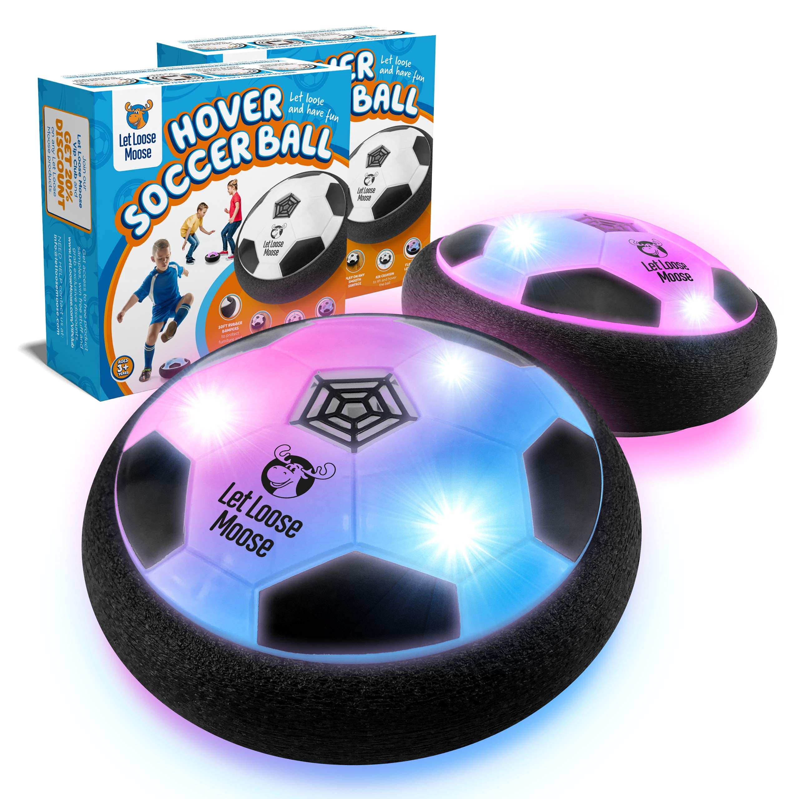 Let Loose Moose hover soccer ball set for safe, active indoor play.