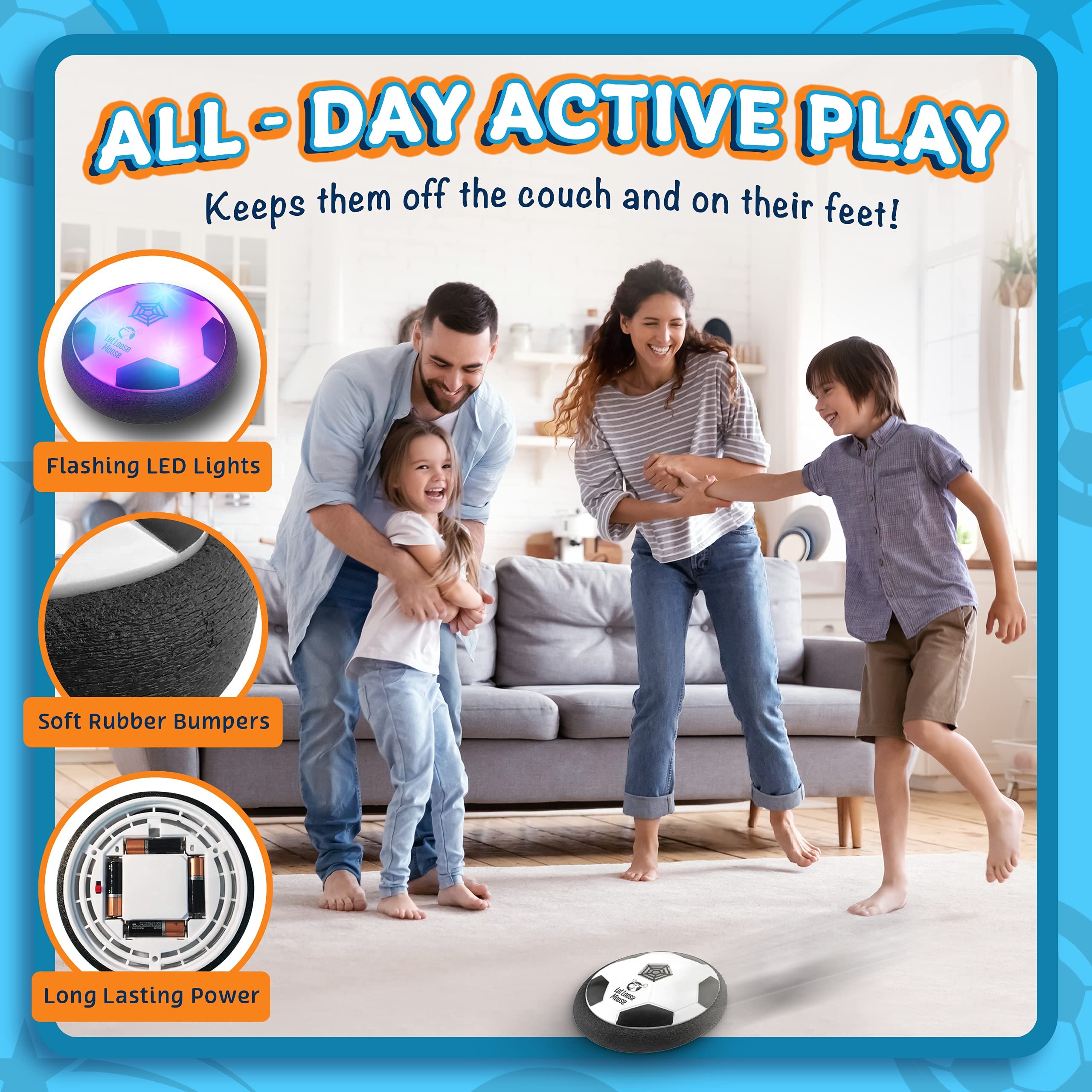 Let Loose Moose indoor soccer ball promotes active movement and coordination.