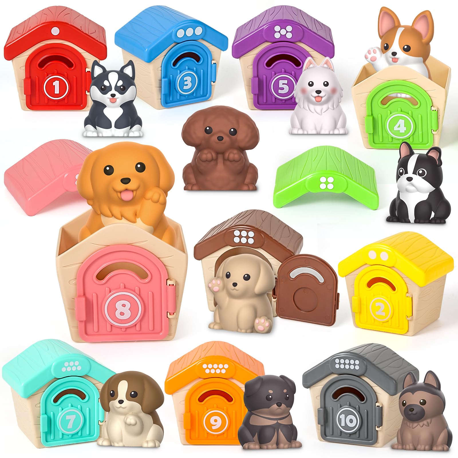 Letapapa dog kennels in bright colors for color sorting.