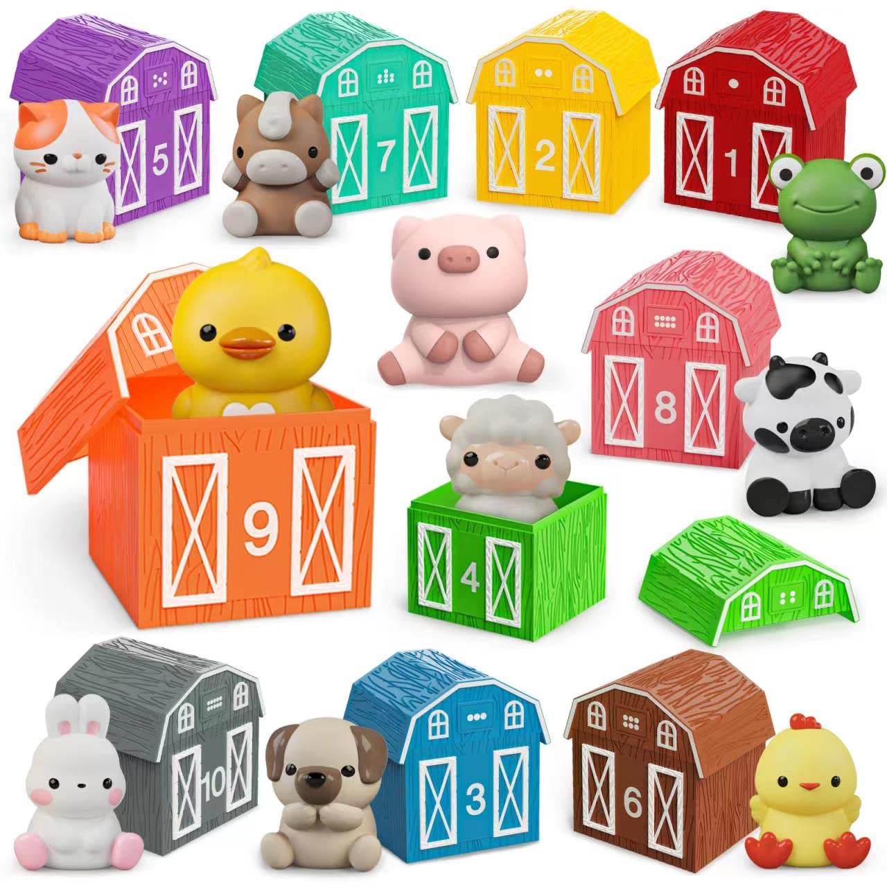 Letapapa farm barns colorful set for color and number recognition during play.