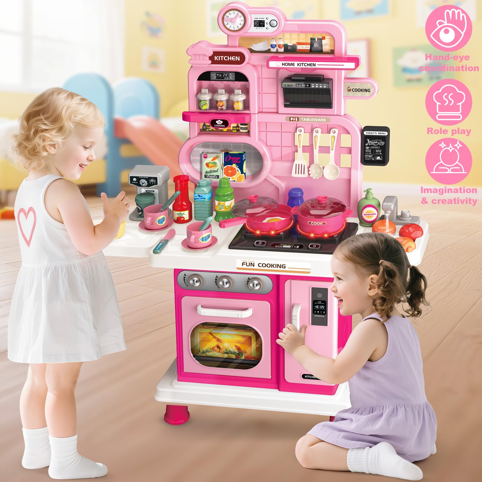 Letapapa large play kitchen supports group pretend play for siblings.